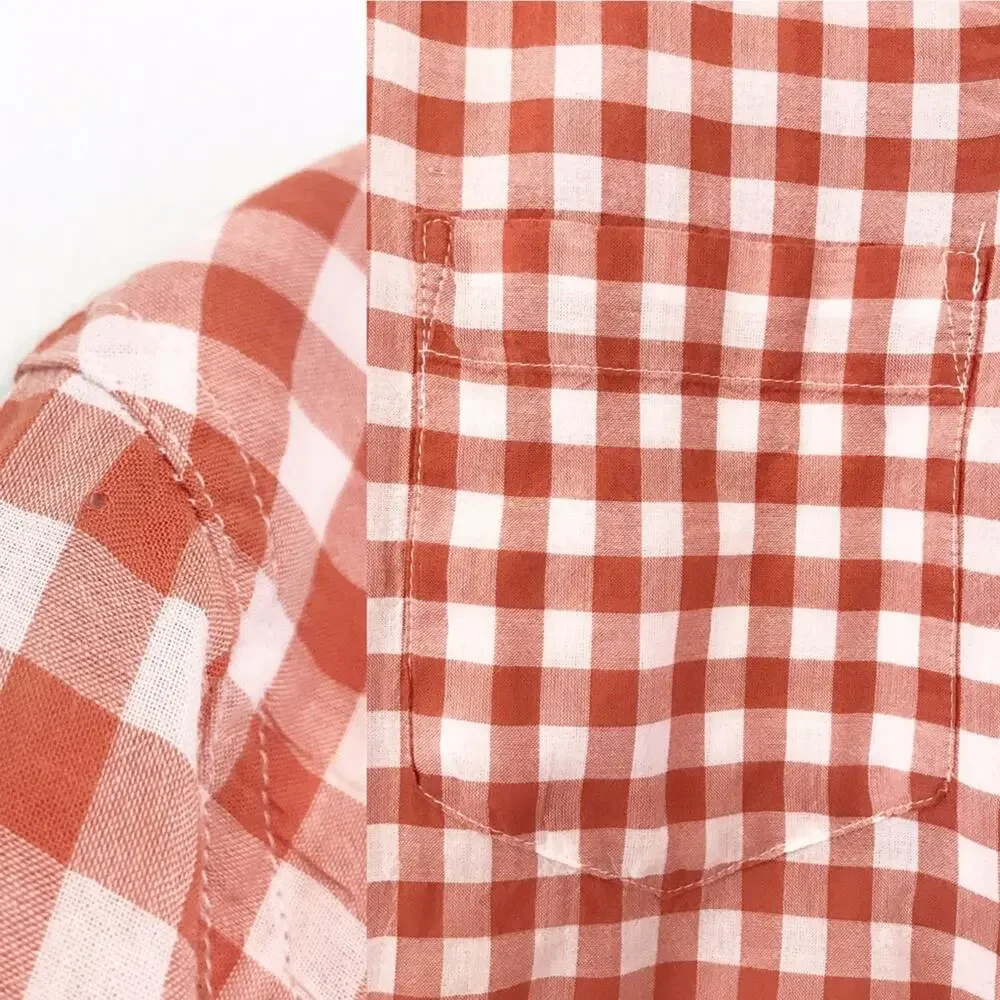 J.Crew Tie-Front Gingham Stretch Cotton Shirt Brick Rust Red Long Sleeve Size 10